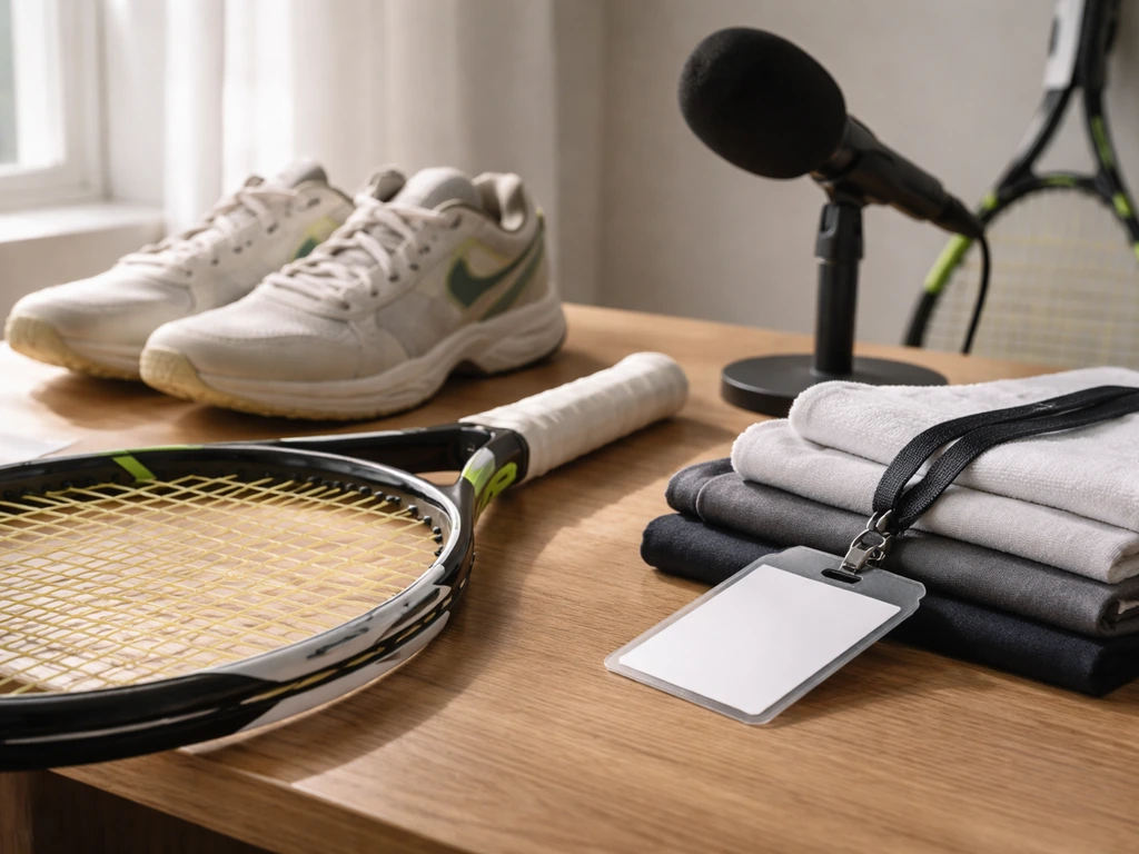 Minimal tennis gear on a desk beside a microphone, suggesting sponsorship and media coverage during a career.