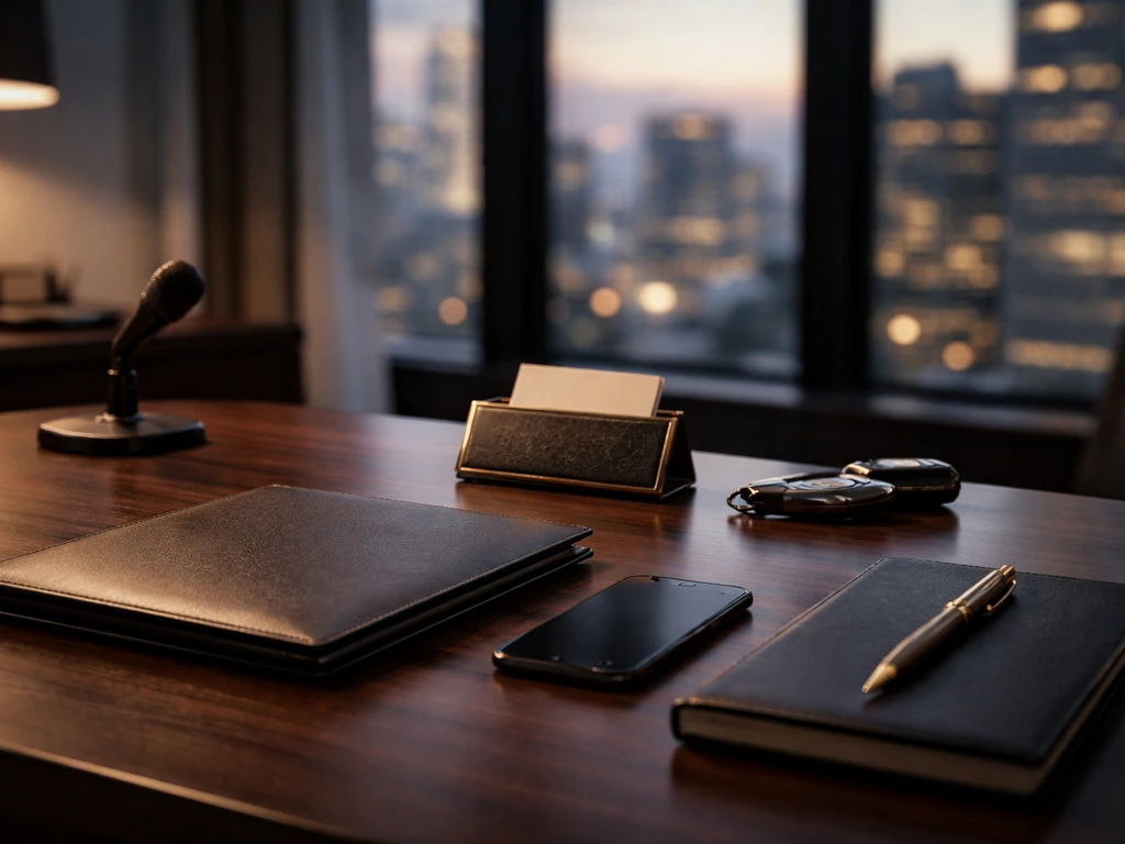 Minimal luxury finance office desk with city dusk view, microphone, and portfolio—symbolic wealth context.