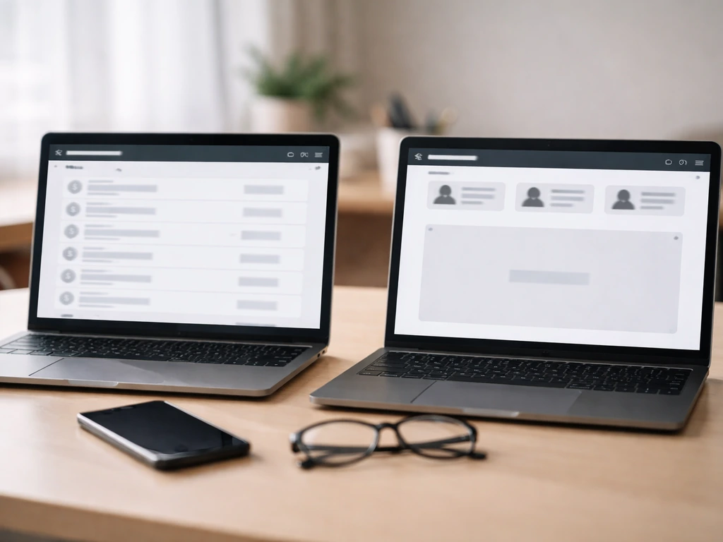 Two laptop screens on a desk showing generic wealth results vs a blank no-sourced-figure panel.