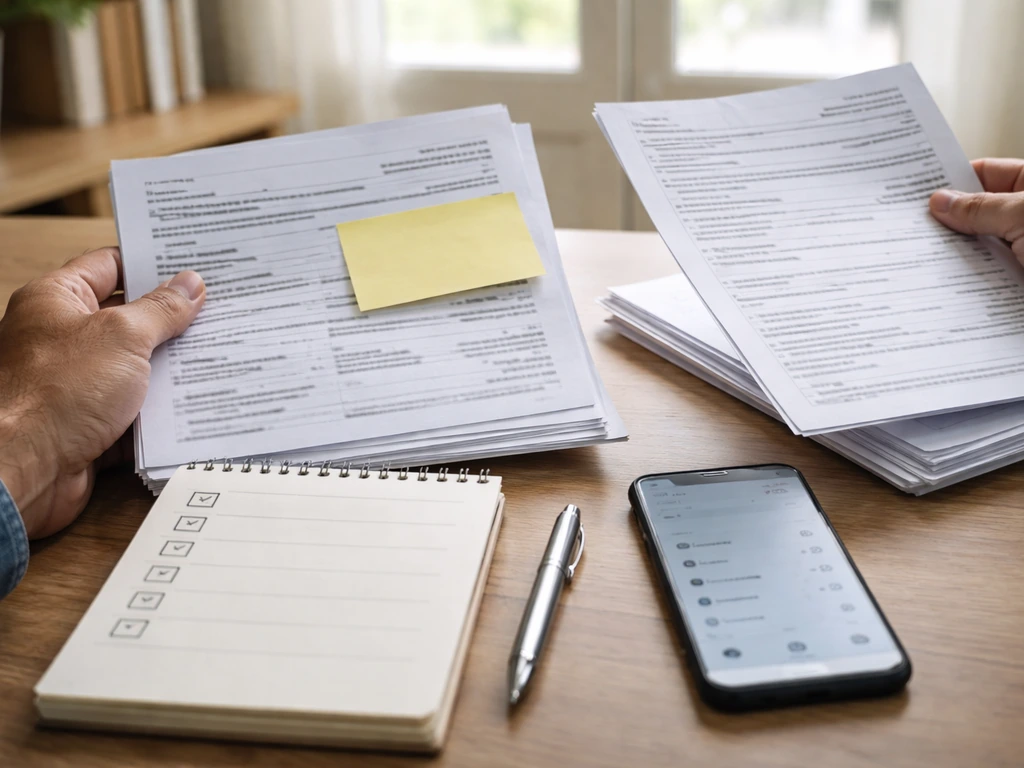 Close-up of hands reviewing financial documents beside a smartphone, checklist-like items on paper, no text.