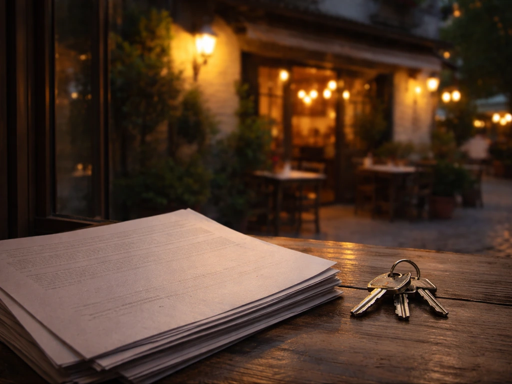 Restaurant facade at dusk with keys and textured paperwork on a desk, symbolic of hospitality and property verification.