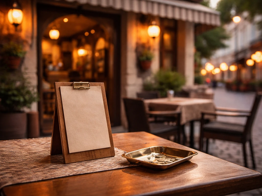 Warm restaurant entrance with an empty table and cash tray, symbolizing hospitality business identity without people.