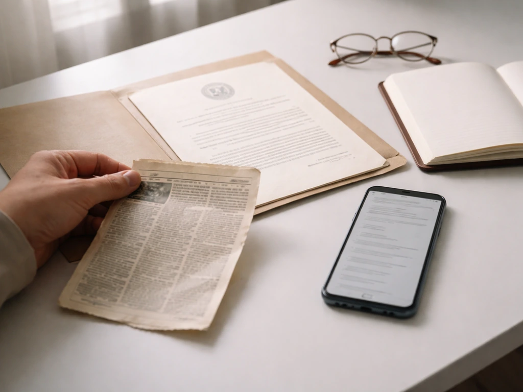 Hand placing a press clipping beside an official-looking business document folder on a desk