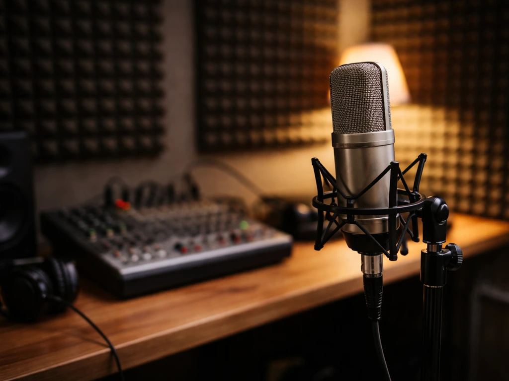 Anonymous recording studio scene with a microphone and mixing console, symbolizing Serbian music/media work