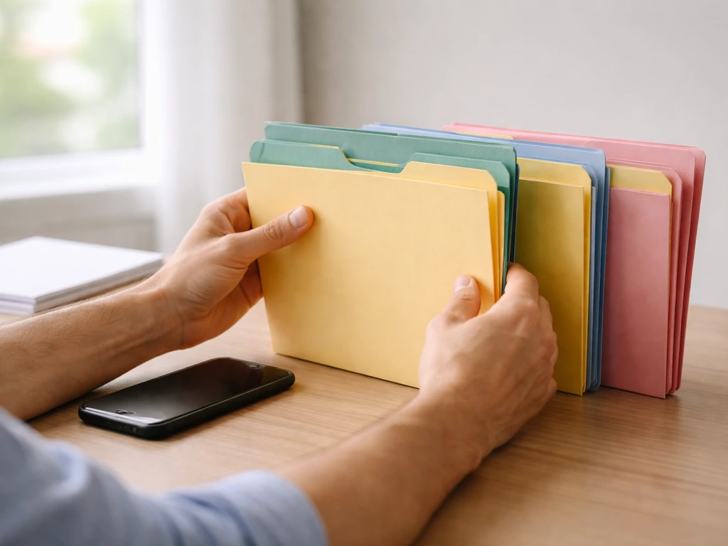 Minimal photo of a finance professional reviewing evidence folders on a desk near a smartphone