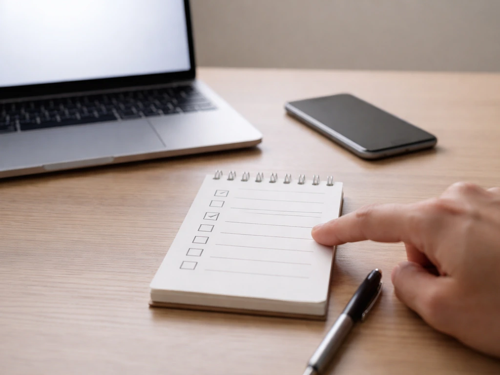 Desk scene with blank checklist notepad, pen, laptop, and phone for verifying an updated figure