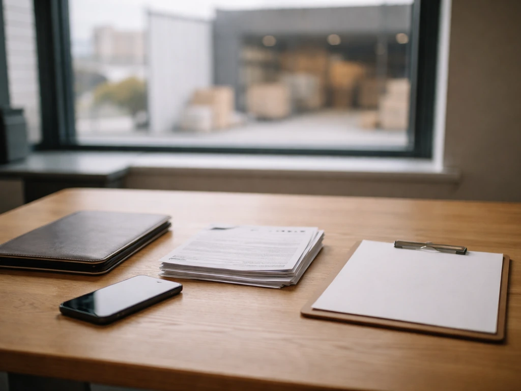 Minimal office desk scene with UK logistics vibe, smartphone and documents for net worth calculation theme