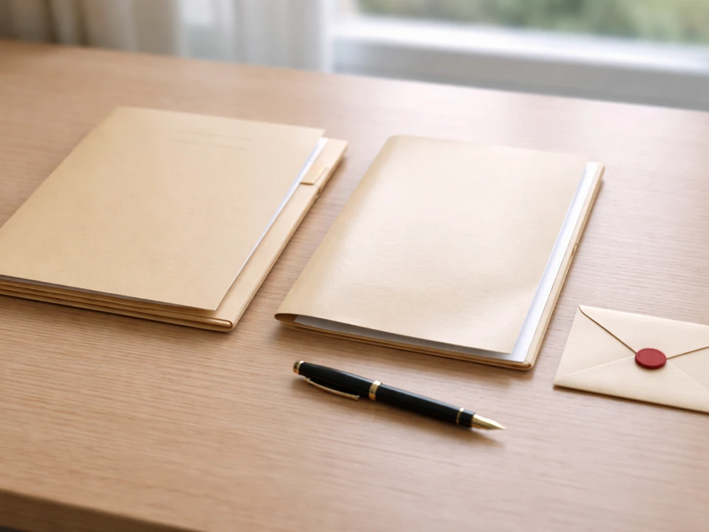 Minimal desk scene with two folders labeled salary/bonus and equity, plus a share-certificate envelope