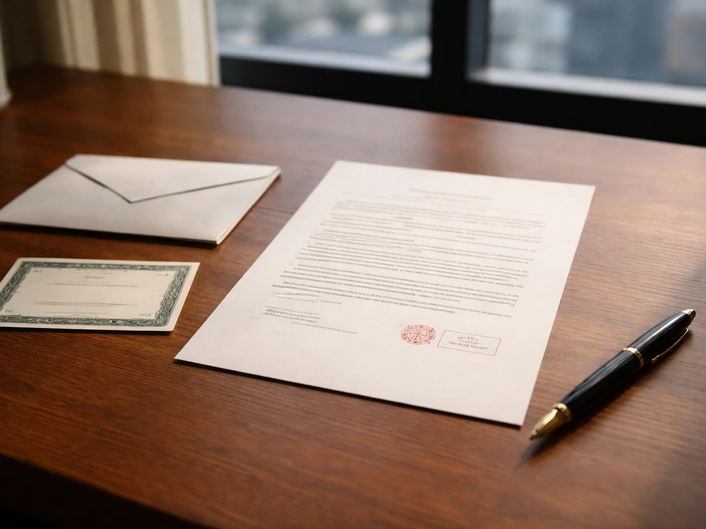 Minimal desk scene with a stamped, dated regulatory notice mockup and a single stock-trade envelope beside it.