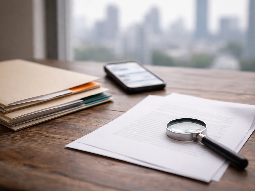 Magnifying glass over documents on a desk with a blurred phone news screen and window city view