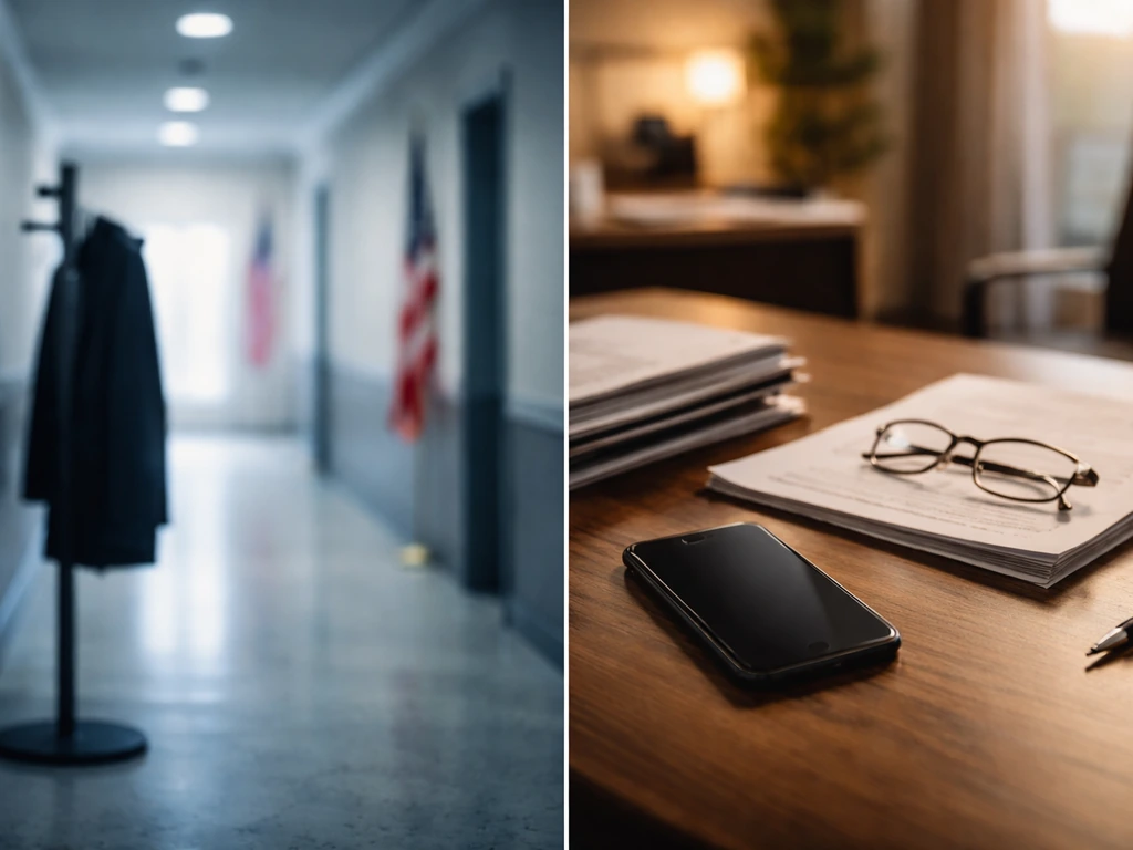 Split-screen of anonymous office and government-like settings symbolizing multiple people with the same name.