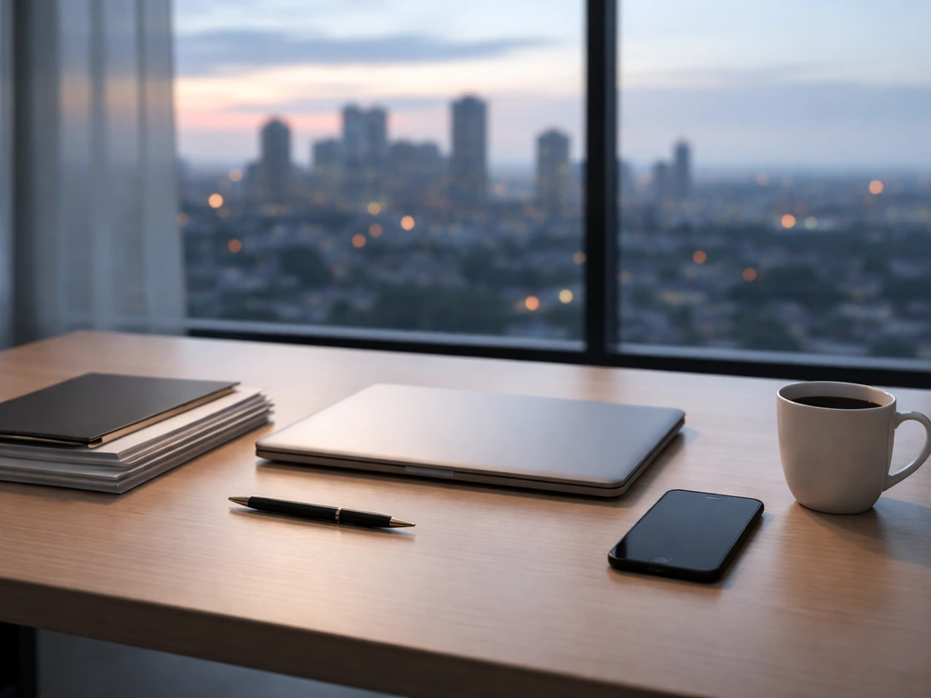 Minimal investor desk scene with laptop, phone, documents, and a blurred city skyline beyond the window.