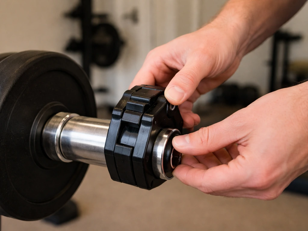 Close-up of hands attaching a black barbell collar clip on a weight bar in a simple home gym.