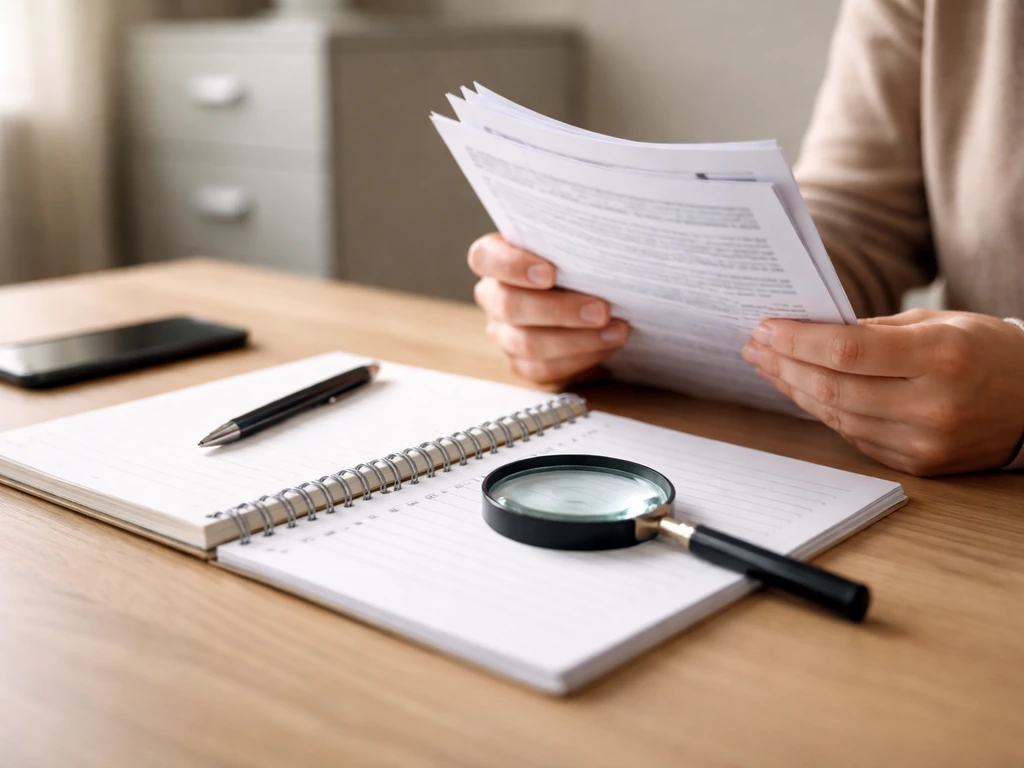 Hands review anonymous documents with a magnifying glass and blank checklist page on a desk.