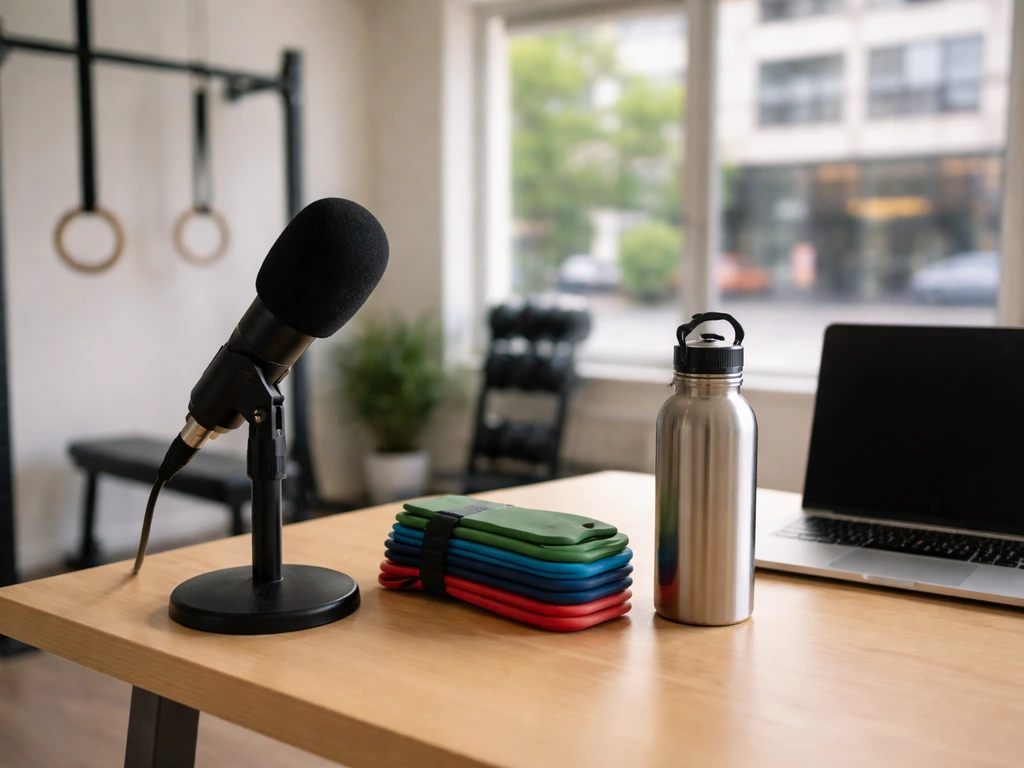 Minimal desk with podcast mic and calisthenics gear in a bright studio, symbolizing fitness co-founder identity.