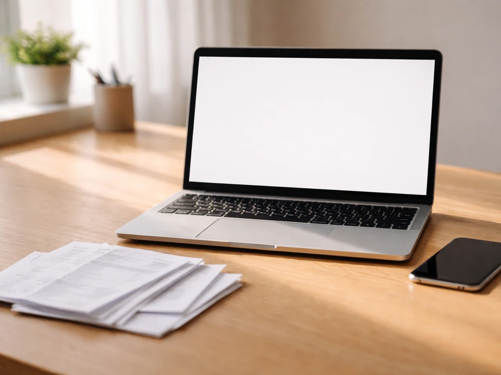 Minimal desk scene with a laptop, smartphone, and spread of receipts for estimating digital product revenue
