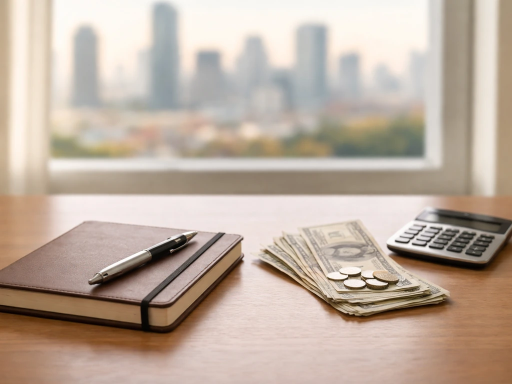 Minimal office desk with a calculator, scattered bills, and a notebook reflecting scenario-based money estimates.