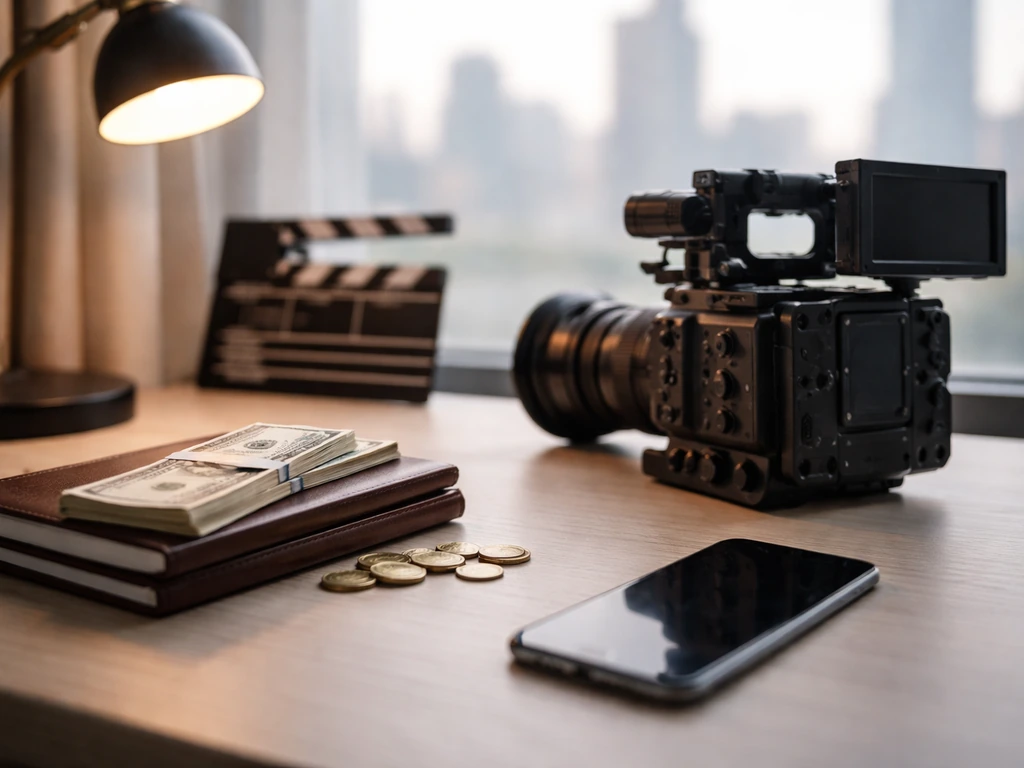 Minimal studio desk scene with camera, smartphone, and clapper pieces symbolizing media and wealth.