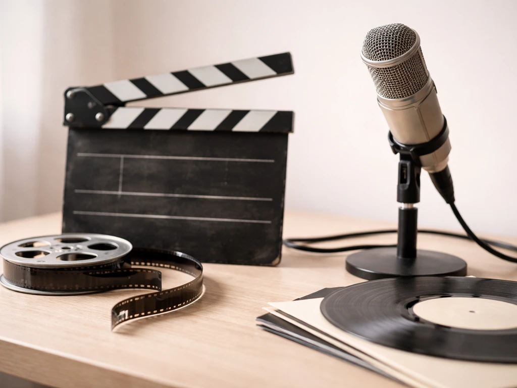 Tabletop with film reel and strip, clapperboard, studio microphone, and vinyl records.