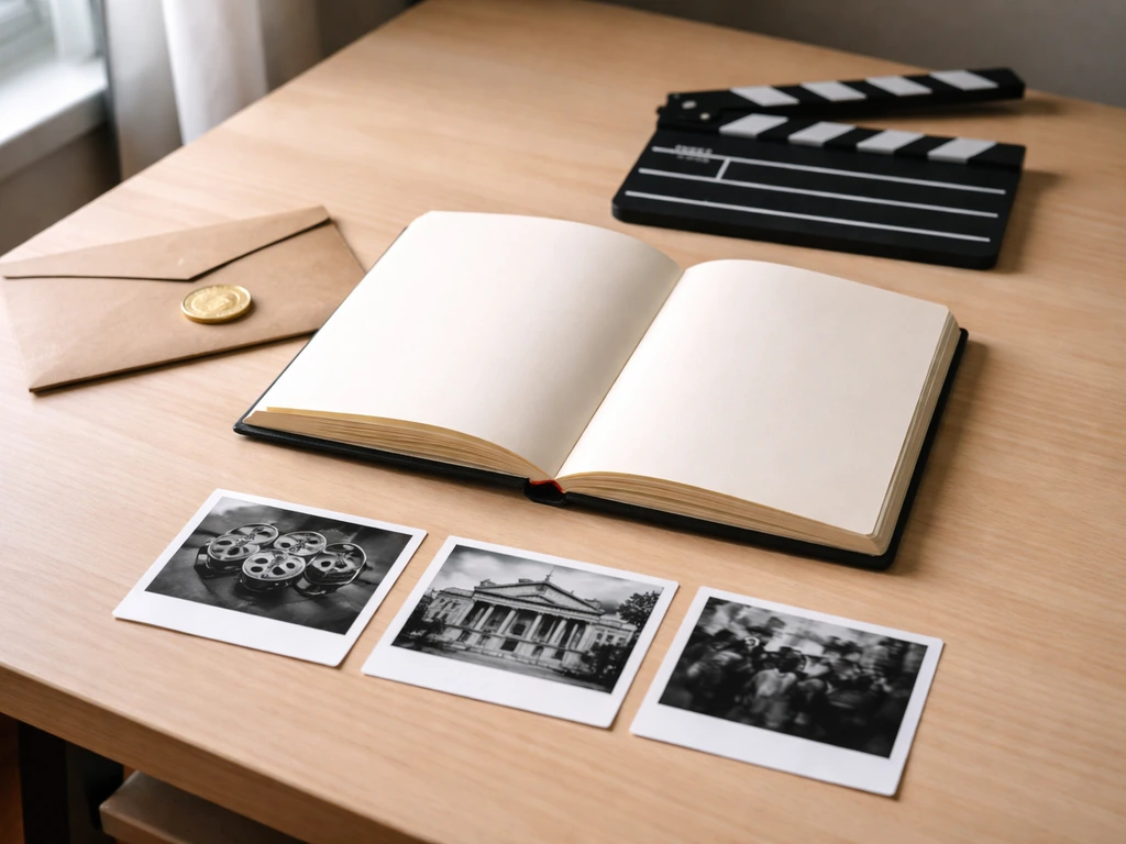 Minimal desk scene with an open notebook, film clapperboard, and three source cards to symbolize verification.