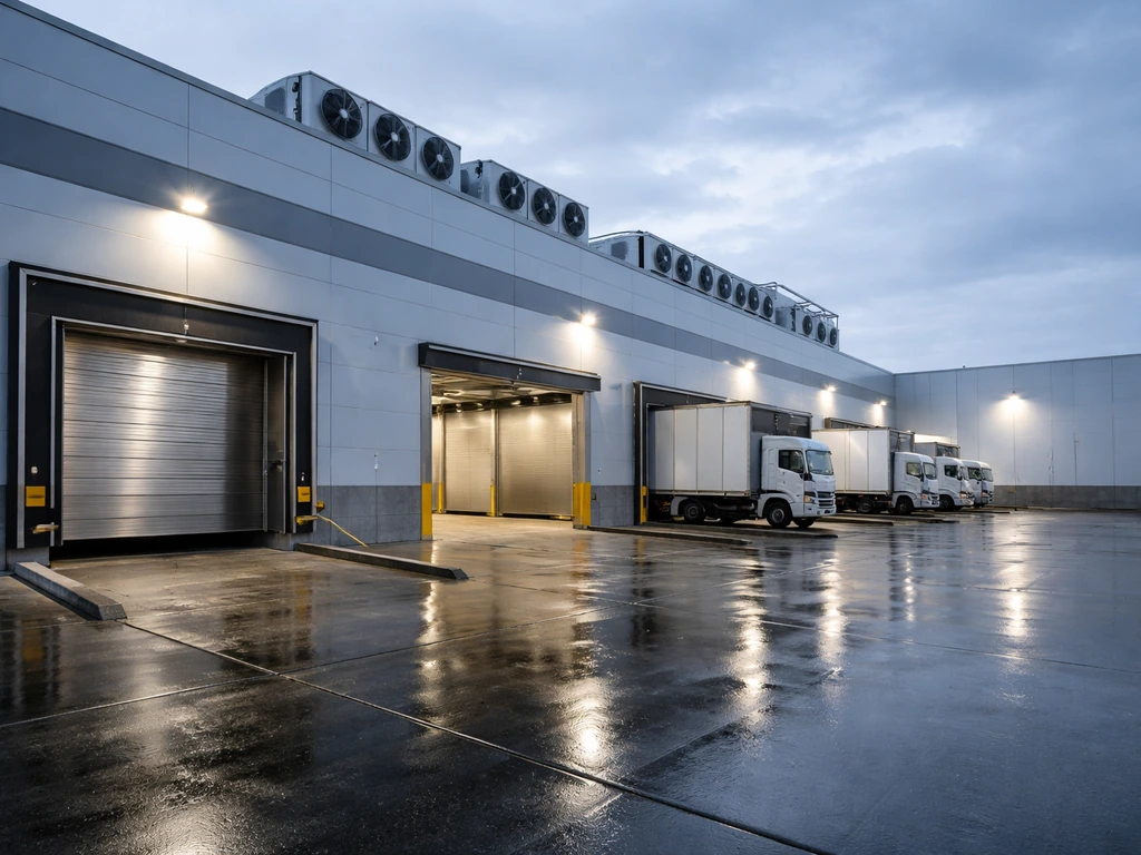 Exterior of a modern meat-processing plant with loading docks and refrigerated bays.