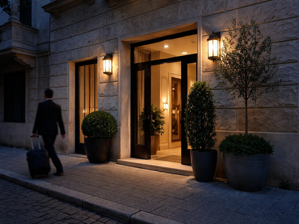 Upscale Belgrade hotel entrance with soft evening lights and potted plants, quiet street scene.