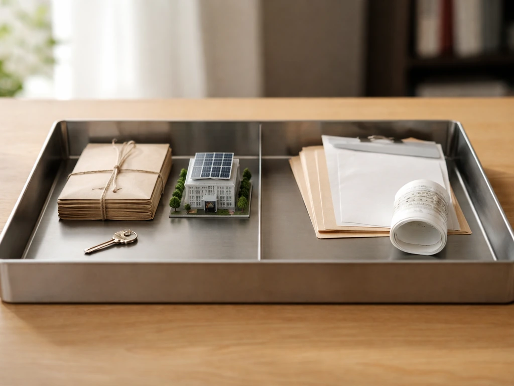 Minimal photo of a polished metal ledger tray showing assets items on one side and loan papers on the other