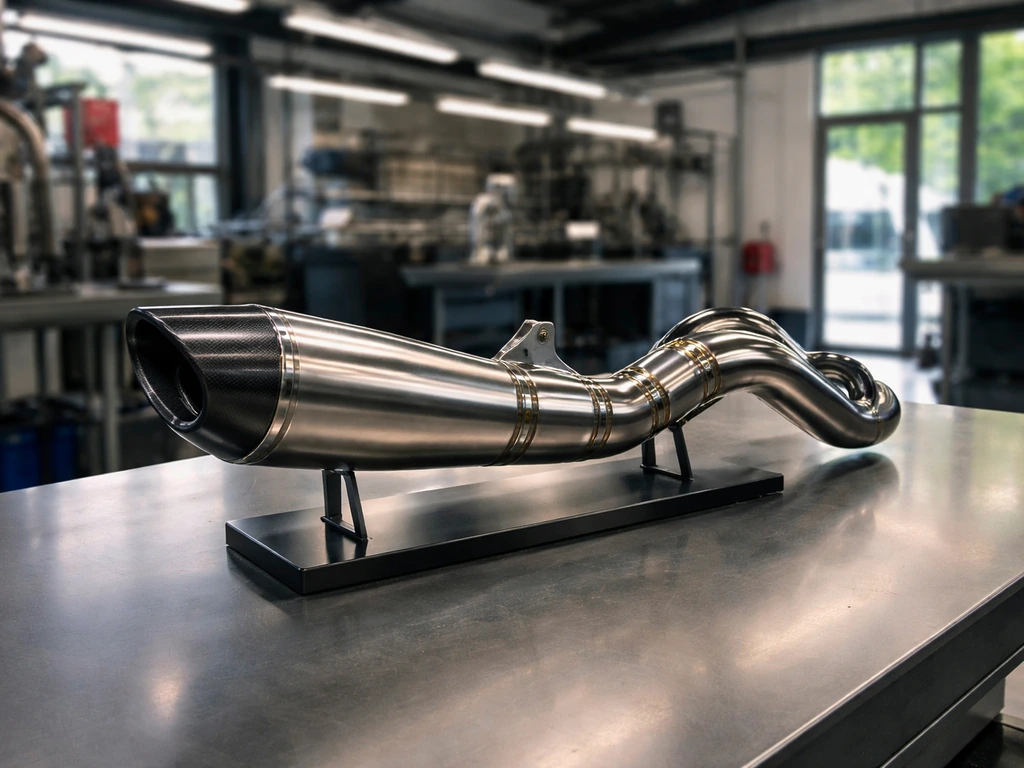 Close view of a polished motorcycle exhaust system on display at a quiet automotive workshop.
