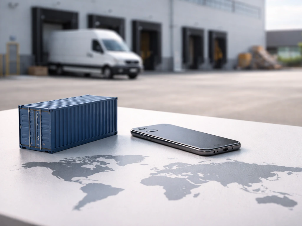 Minimal photo of a sleek global map-inspired layout with a blurred distribution van and distant warehouses