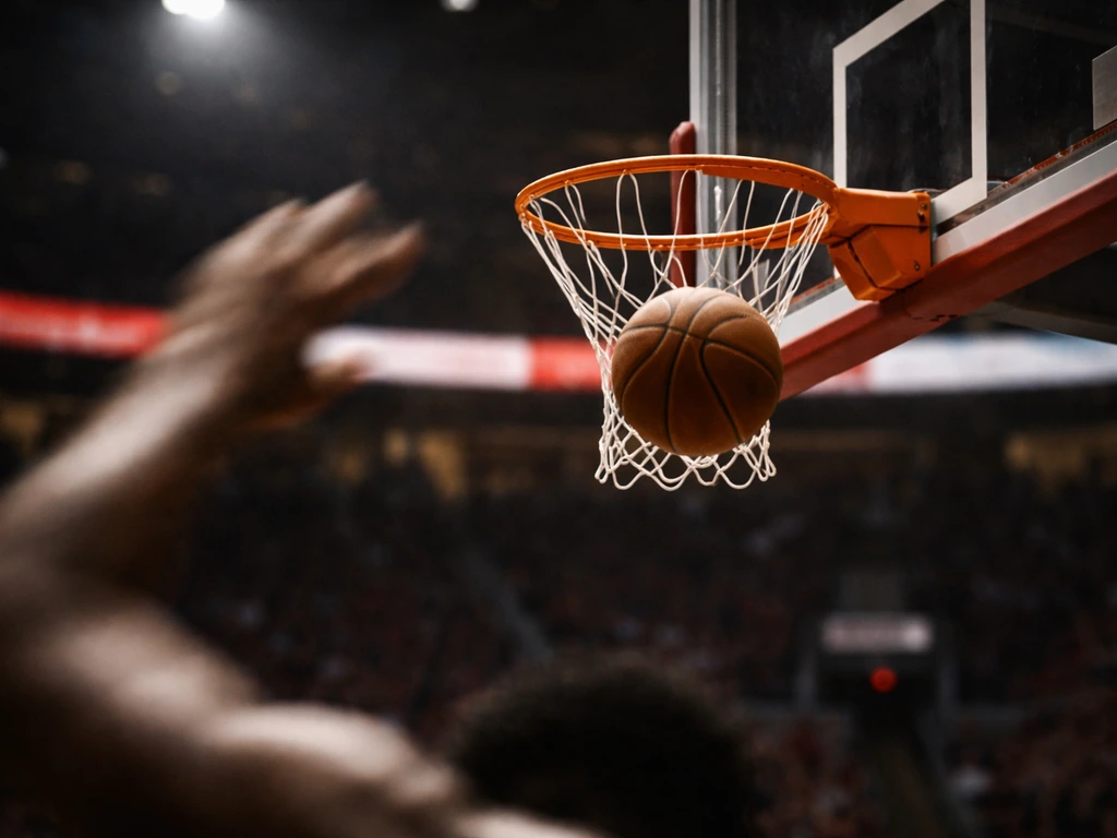 Anonymous basketball highlight shot with a ball near the rim in a softly blurred arena backdrop