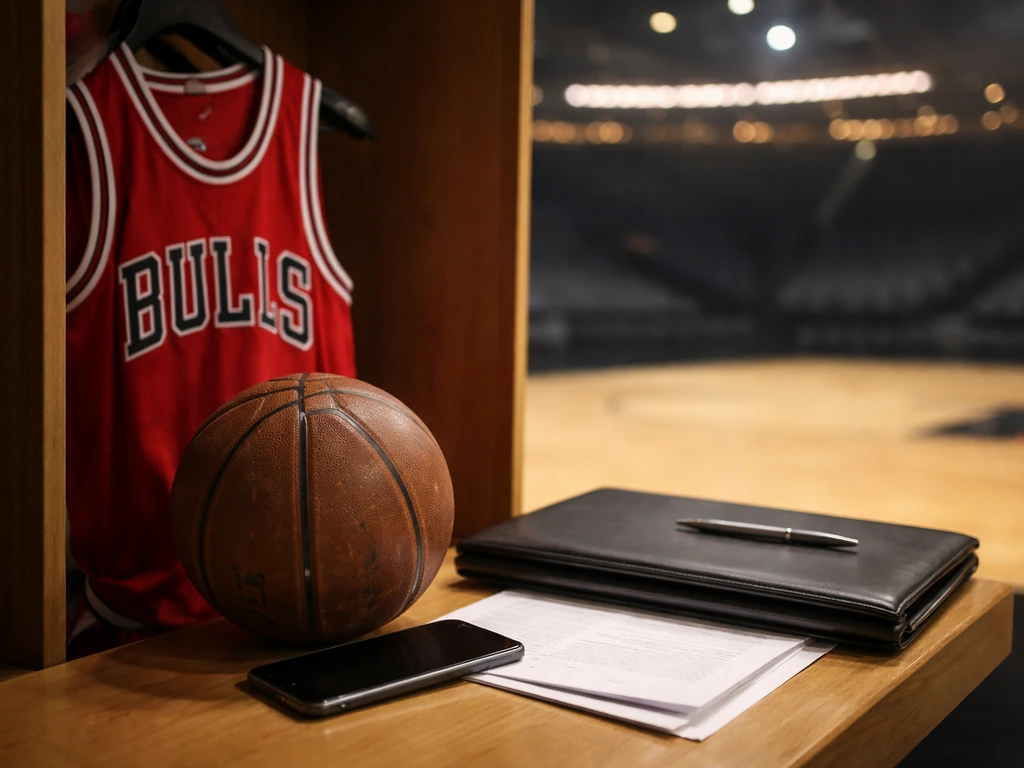 Chicago Bulls jersey on a bench with a leather portfolio and basketball, hinting at contract earnings.