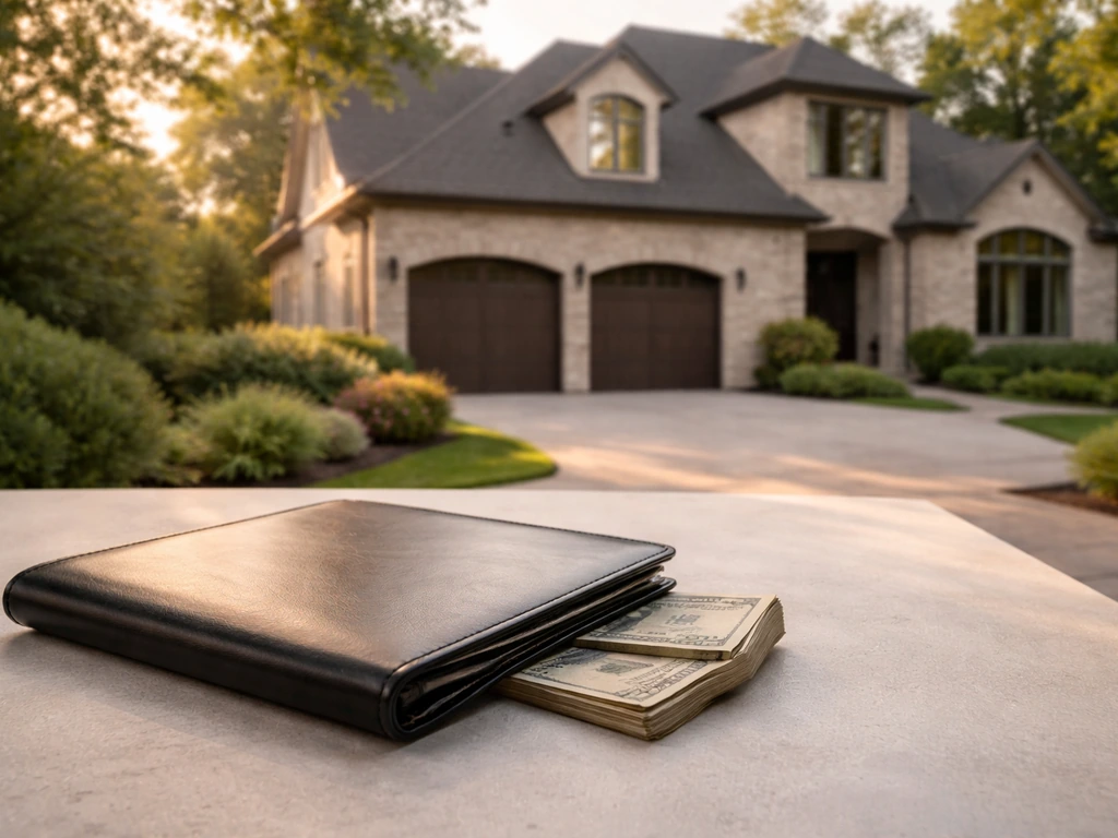Minimal luxury home facade and a subtle stack of cash beside a binder, symbolizing real estate and assets.