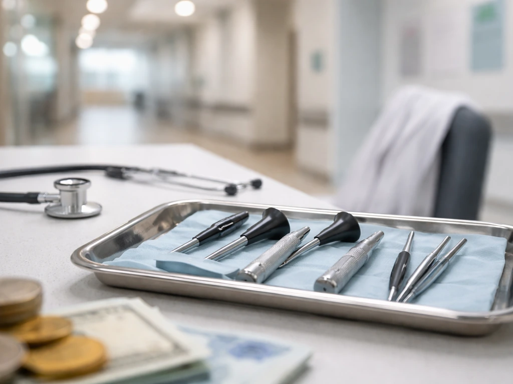 Anonymous ENT clinic desk with stethoscope and medical tools, minimal background, subtle money symbolism.