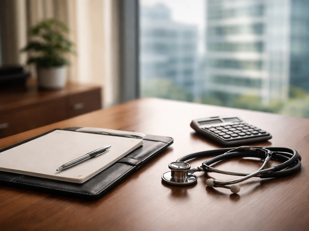 Minimal medical office desk with stethoscope and calculator, symbolic of estimated wealth comparison.