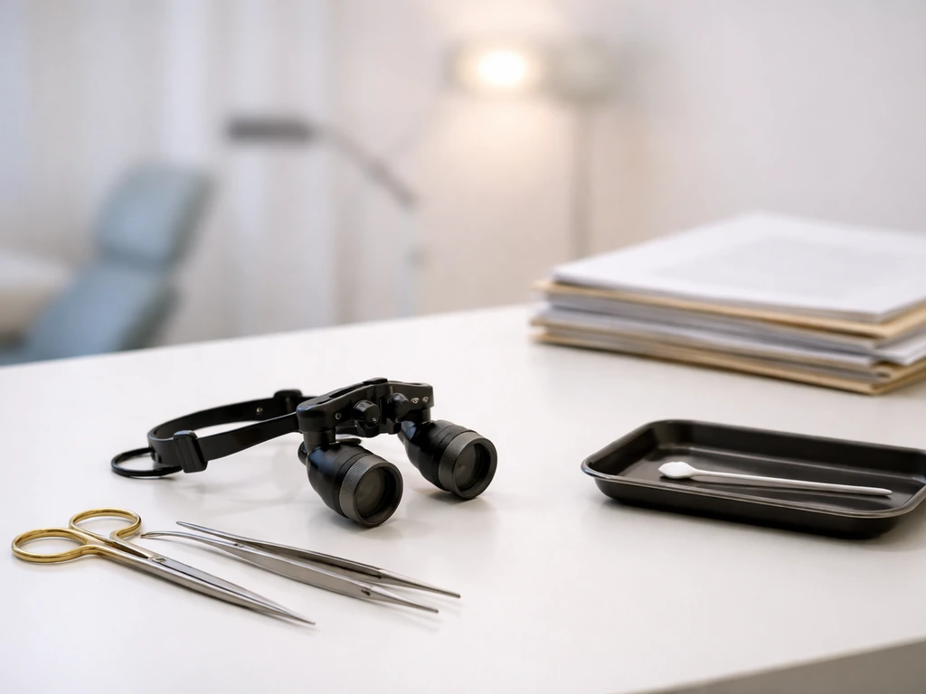 Clinical surgery tools on a desk beside generic investment paperwork-style documents, no people.
