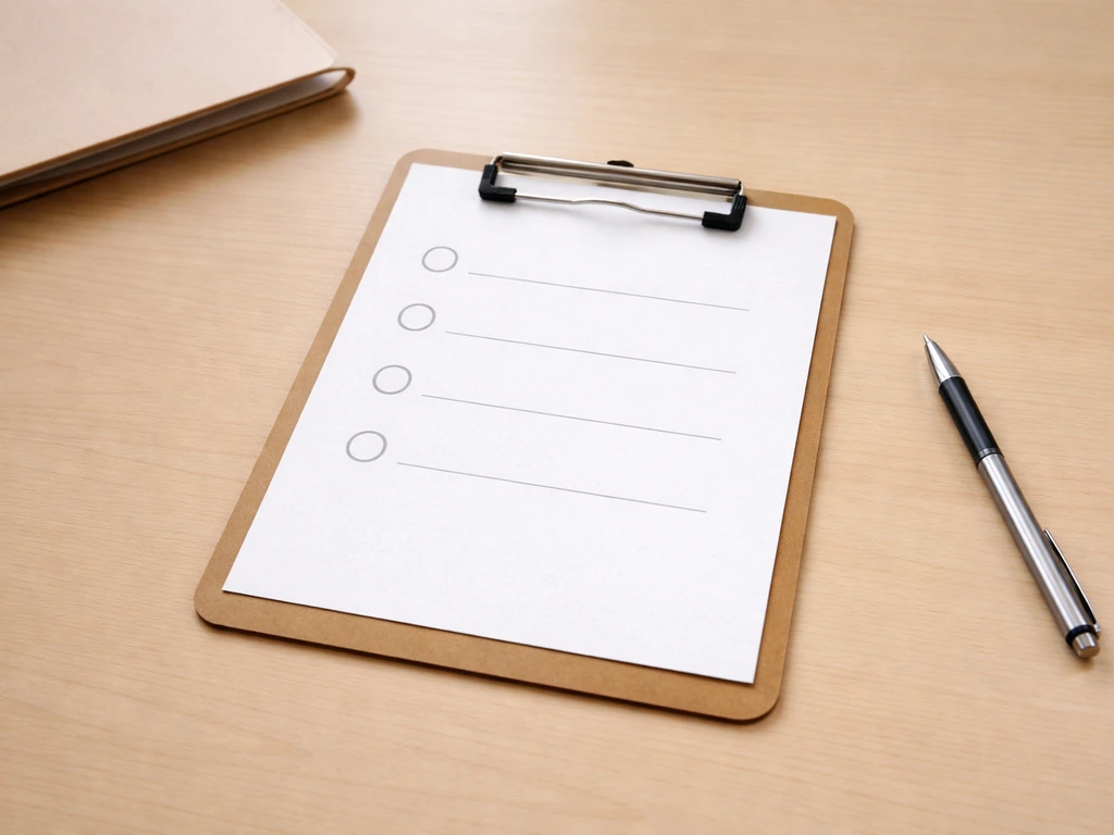 Minimal checklist on a clipboard with empty boxes and gray unavailable placeholders on a light wood desk.
