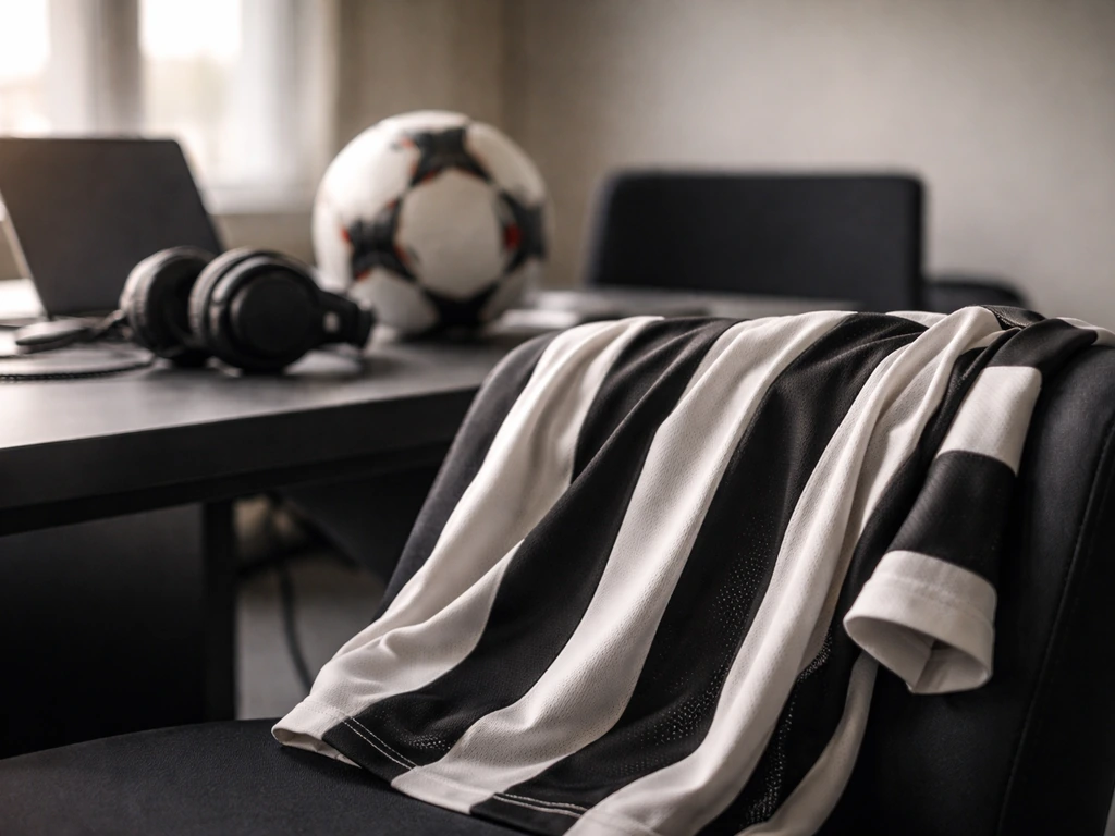 Juventus-style jersey on a studio desk with headphones and a football ball, symbolizing media scrutiny.