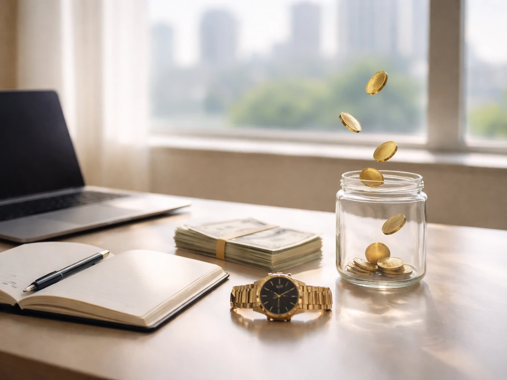 Minimal desk by a window with gold watch, banknotes, and coins mid-fall symbolizing wealth growth