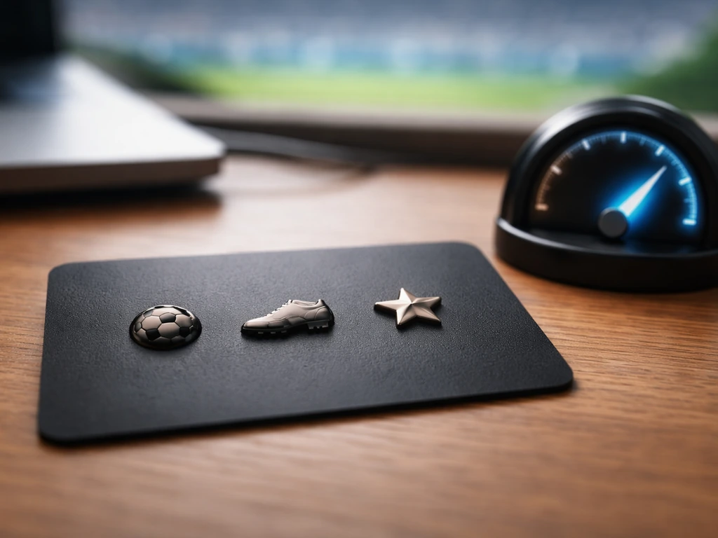 Close-up of soccer-themed icons on a card beside a blurred stadium backdrop, suggesting performance bonuses.