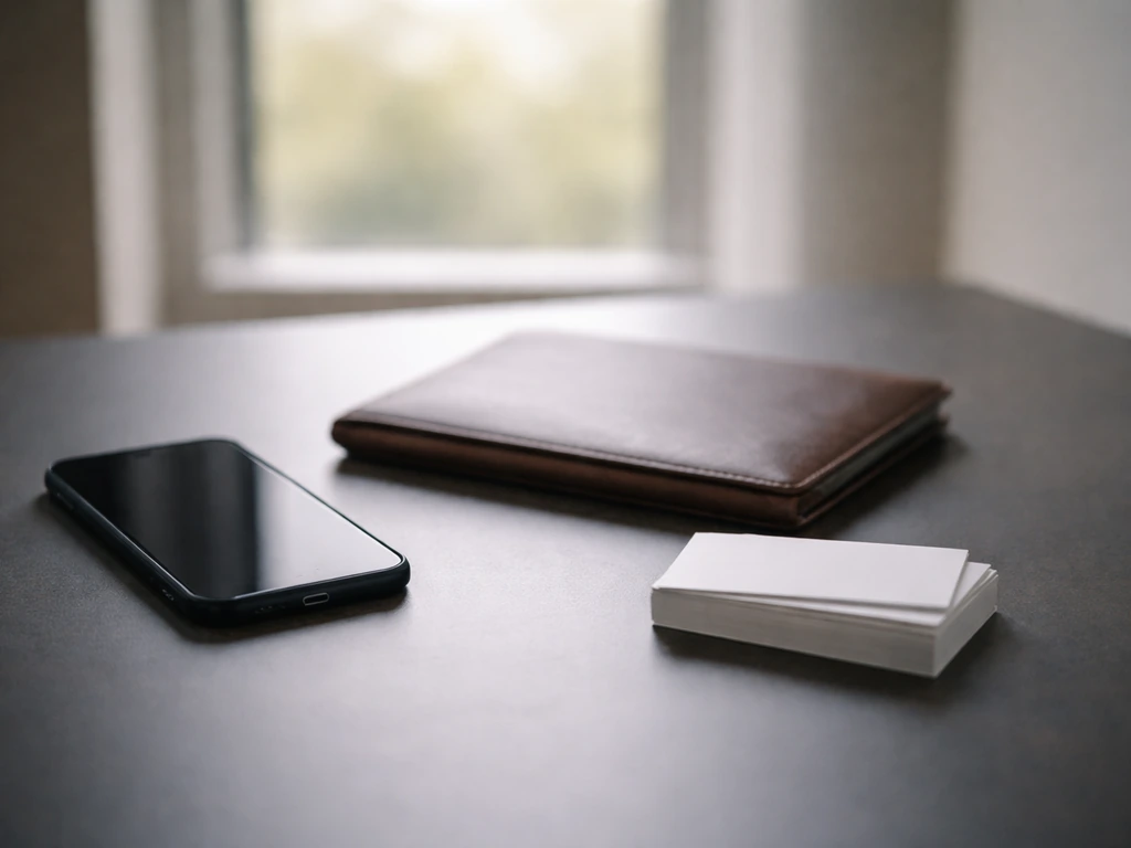 Minimal photo of a dark smartphone beside a leather notebook and a blurred office window, symbolizing image-rights struc