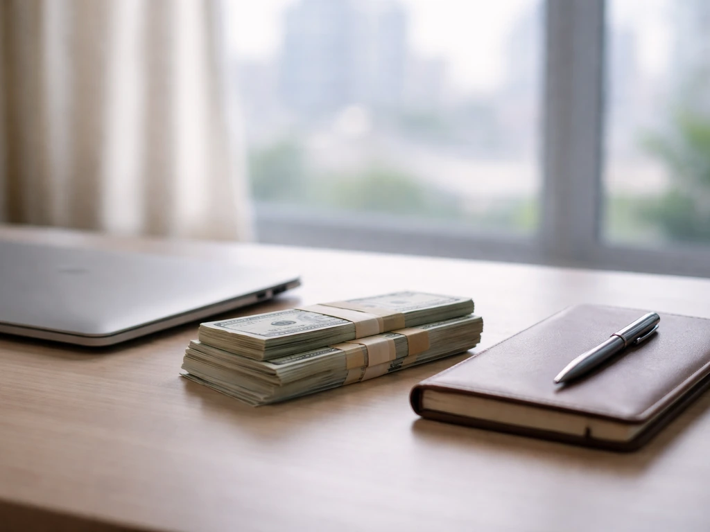 Minimal photo of a desk with cash, a notebook, and a laptop, symbolizing a net worth estimate range.