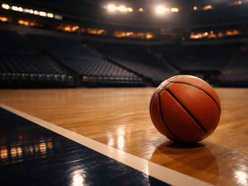 Empty NBA arena court at dusk with a basketball near the baseline, suggesting professional salary and career