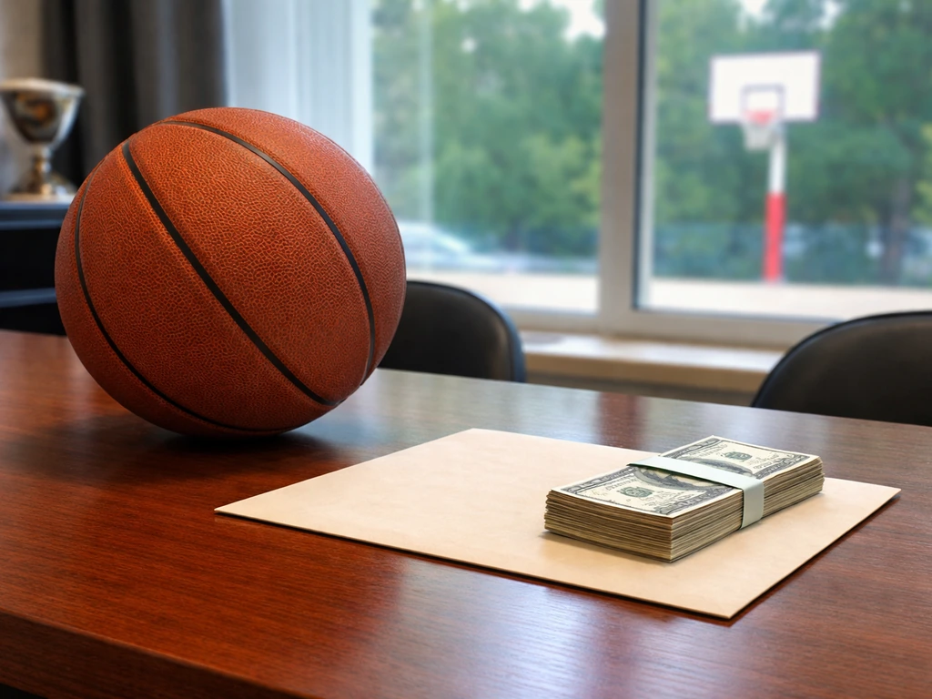 Basketball on a desk with an envelope and cash, blurred hoop in the background.