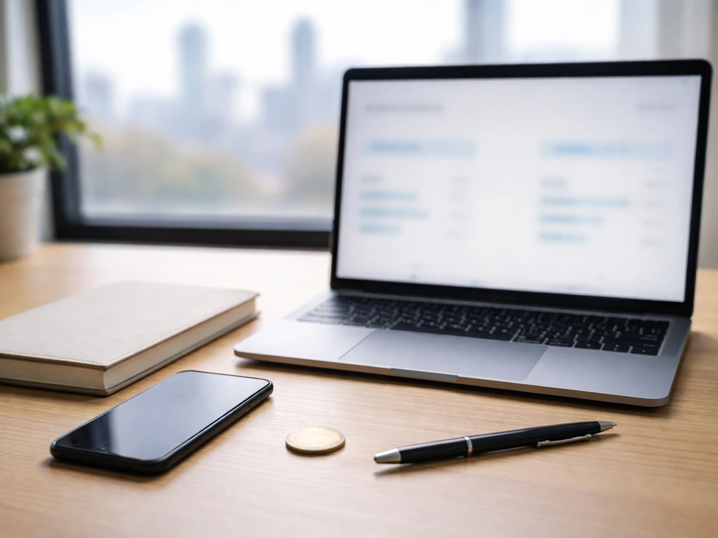 Minimal office desk with a laptop open to a generic financial comparison scene, symbolizing public-figure net worth anal