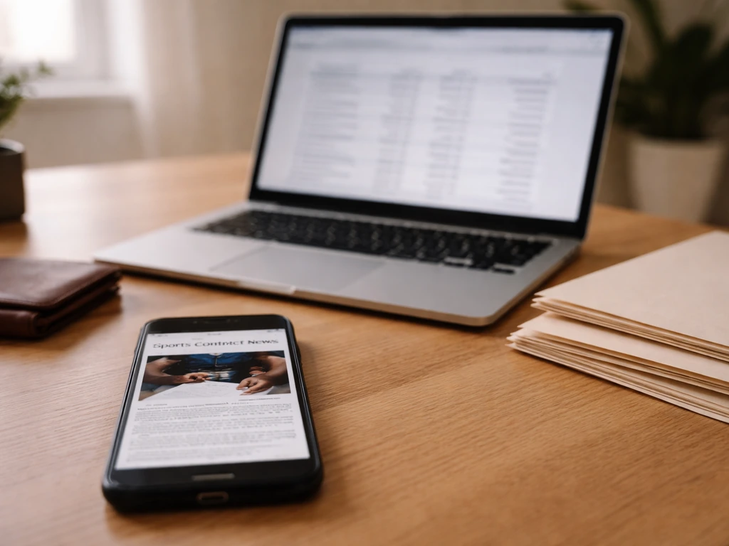 Anonymous desk with smartphone and laptop showing blurred sports contract info for net worth estimation.