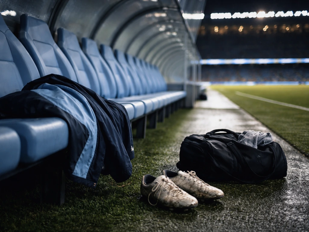 Minimal Manchester City match setting with football boots and jacket beside a duffel bag in a lit stadium.