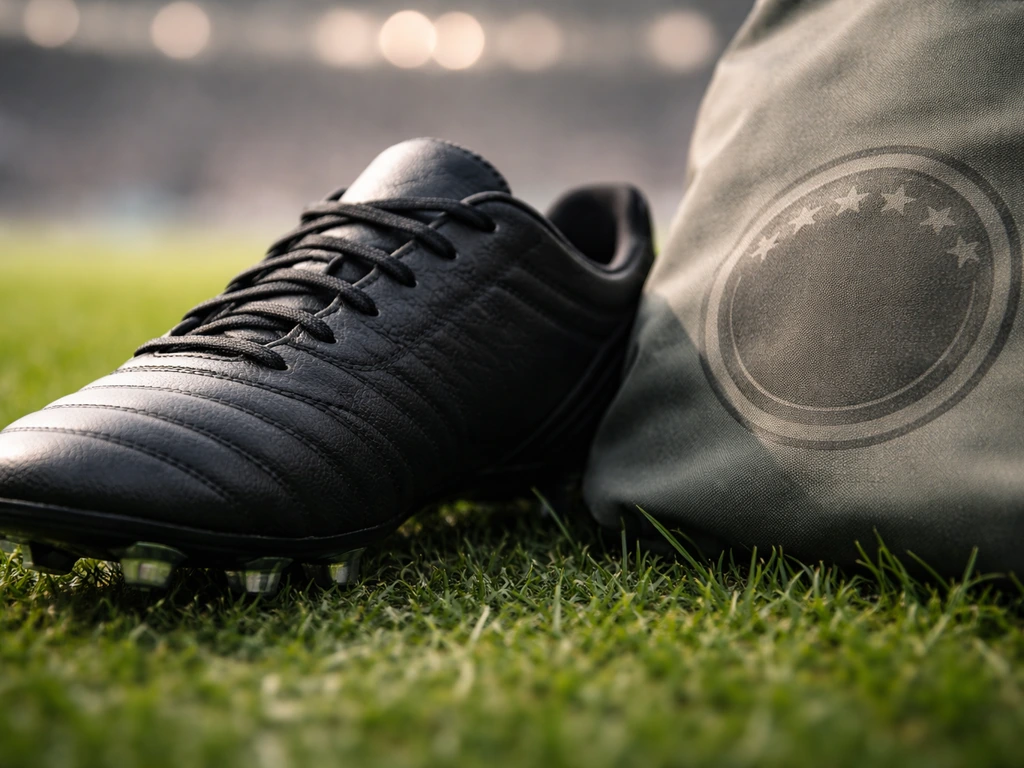 Close-up of a black football boot on a grass pitch beside a subtle sponsor-brand style emblem concept