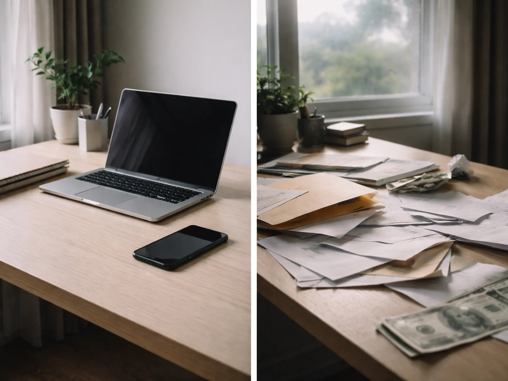 Split-screen photo: organized desk documents vs scattered envelopes and ambiguous money cues.