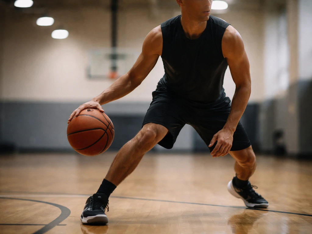 Anonymous basketball player dribbling in an indoor gym, courtside view with a blurred hoop behind.