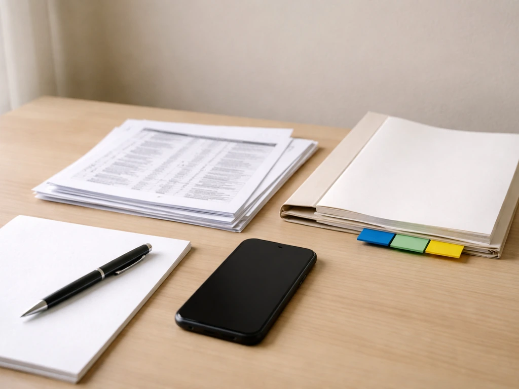Minimal desk scene with a smartphone and a notebook beside sports documents, symbolizing sources for income signals